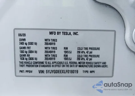 2020 Tesla Model Y Long Range Dual Motor All-Wheel Drive z USA, uszkodzony, nr VIN 5YJYGDEEXLF018019